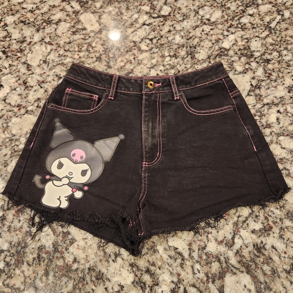 Sanrio Pants - Sanrio Kuromi Black High Rise Denim Shorts With Pink Stitching